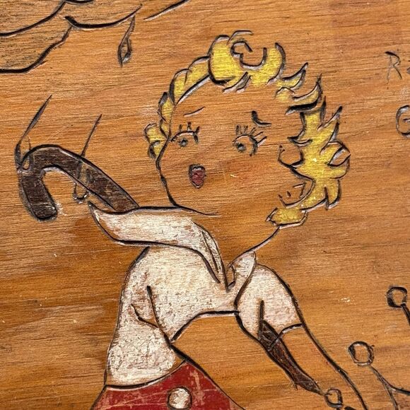 Vtg Pyrography Wood Art Painting Rain Rain Go Away Nursery Rhyme Wall Decor - Picture 3 of 12